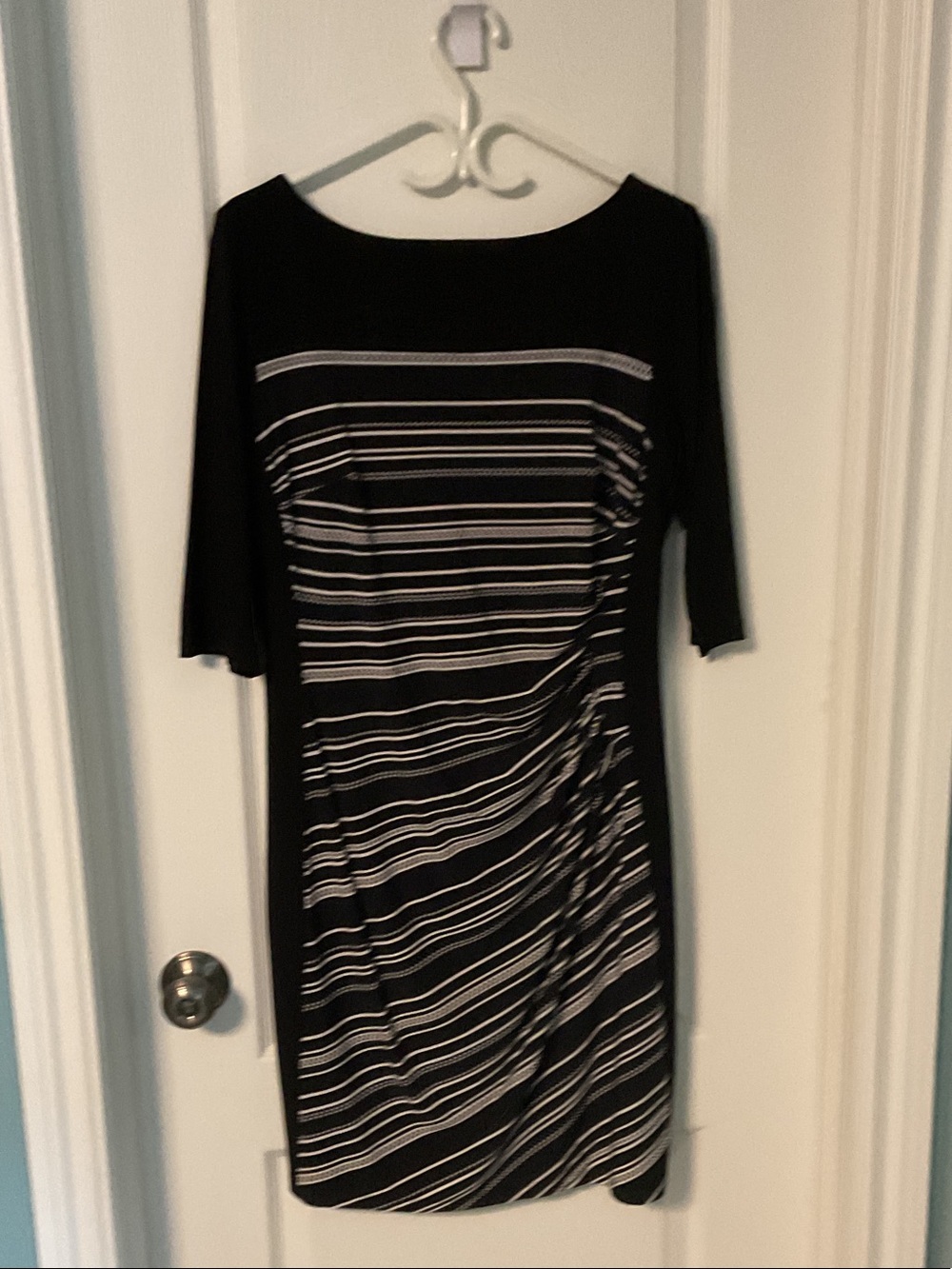 Chaps Black and White Striped Midi Sheath Dress